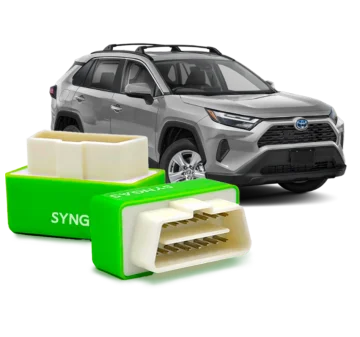 Syngas OBD2 device shown beside an SUV